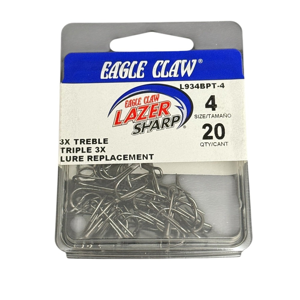 EAGLE CLAW Laser Sharp 3X Treble Lire Replacement Hooks Size 4 (L934BPT-4) 20pcs